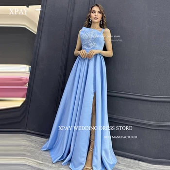 XPAY Modrá Večerné Šaty Dubaj arabské Ženy 2023 Výšivky Satin Split Vintage Dlho Prom Šaty Formálne Príležitosti Šaty Vestidos