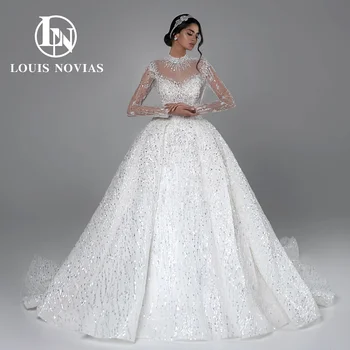 LOUIS NOVIAS plesové Šaty, Svadobné Šaty 2023 Dlhý Rukáv O-Krku Výšivky Cut-out Šumivé Luxusné Svadobné Šaty Vestidos De Novia