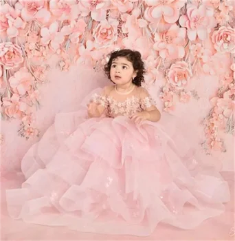 Krásny Ružový Kvet Dievčatá Šaty Opuchnuté Úplnej Krku Plesové Šaty Vrstiev Tylu Lilttle Narodeniny Sprievod Weddding Strany Prijímanie Šaty