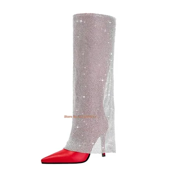 Svetelný Ukázal Prst Stiletto Päty Tenké Vysokým Podpätkom Ruby Crystal Ozdobené Semiš Topánky Ženy Červený Kožený Dlhý Boot