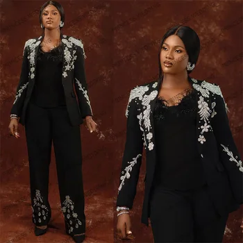 Čierne Ženy Nohavice Obleky Pre Svadobné Kvety Korálky Vlastné Sako A Nohavice Dizajnér Formálnej Strany Prom Nosenie 2 Kusy