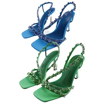 Dámske topánky 2023 letné nový high-end modrá víla korálkové drahokamu dekoratívne vysoké podpätky sandále