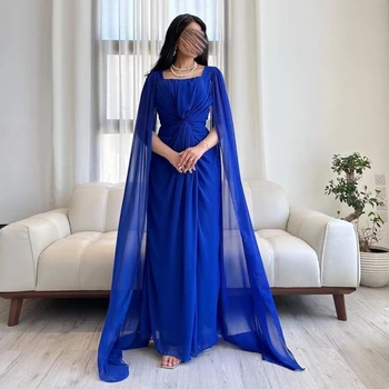 VD Kráľovská Modrá Šifón Večerné Šaty Dubaj Ženy Nosia Flutter Rukávy Ruched Svadobný Hosť Formálnej Strany Šaty Dlhé Prom Šaty