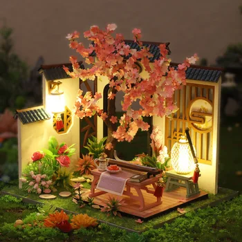 Bábika Domy Čínskom Štýle Retro Budovy študovňa Model Drevené Casa domček pre bábiky Kit Miniatúrny s Nábytkom Ploche Ornament