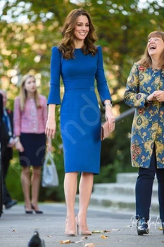 Midi Matka Nevesty Šaty pre Svadobné Party Princezná Kate Middleton 3/4 Rukávy Plášť Jednoduché Kráľovská Modrá Vestidos Mariage