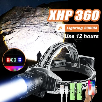 Super Jasné XHP360 LED Svetlomet Vysoký Výkon Nabíjateľná Svetlometu Baterka Kempovanie, Rybárske XML2 Hlavy Svietidla Vonkajšie Osvetlenie
