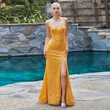 Zlaté Lesklé dámske Večerné Šaty Sexy Milú, talianske Špagety Popruh Bočné Vysoká Rozdeliť Princezná Módne Celebrity Formálne De