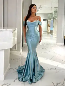 Vestidos Prom 2023 Sky Blue (Nebeská Modrá Morská Víla Prom Šaty, Dlhé Špagety Popruhy Korálkové Večerné Šaty Off Ramenný Formálnej Strany Šaty
