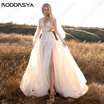 RODDRSYA Princezná Svadobné Šaty Lístkového Rukávy Sexy tvaru Nevesta Šaty Pre Ženy Strane Split Tylu A-Line Vestidos De Novia