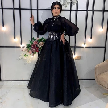 Black arabčina Prom Šaty pre Hidžáb Ženy Vysoký Krk Dlhý Rukáv Riadok Organza Crystal Korálkové Formálne Večerné Party Šaty