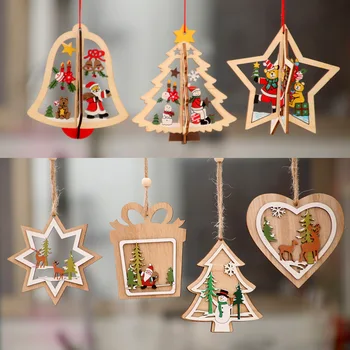 Vianočné Ozdoby, Drevené Vydlabaných Vianočný Stromček Malé Prívesky, Drevené Pentagram Bell Prívesky, Darčeky Šťastný Nový Rok