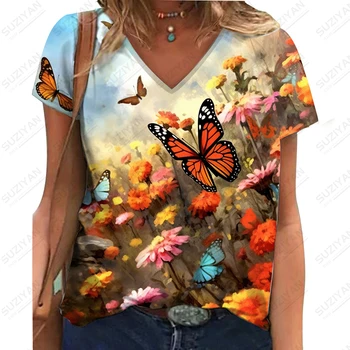 Letné nové dámske V-neck T -shirt motýľ a kvety 3D vytlačené lady V-neck T -shirt bežné módny trend V-neck T -shirt