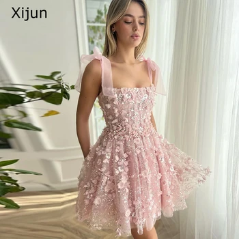 Xijun Prekrásny Lesk Čipky 3D Kvety Krátke Ružová Prom Party Šaty Pre Svadobné Iskrivý Nastaviteľné Popruhy Mini Koktejlové Šaty