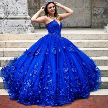 2023 Kráľovská Modrá Quinceanera Šaty Popolušky S Pokrievkou Kvetinový 3D Kvety Nášivka Perly Čipky plesové Šaty, Sweet 16 15 Šaty