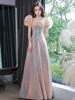 Francúzsky Sequin Večerné Šaty Žien tvaru Bublina Rukáve Nášivka Prom Šaty Elegantné Moderné Patchwork A-Line Koktejlové Šaty