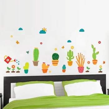 Cartoon Cactus Flower Pot Wall Art Nálepky Na Kancelárske Obchod Dosky Domáce Dekorácie Diy Pastoračnej Rastlín Nástennú Maľbu Pvc Odtlačkový