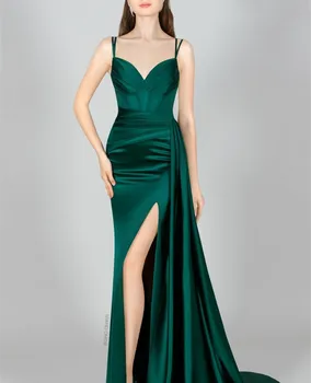Dlhé Saténové tvaru Zelená Večerné Šaty So Štrbinou MermaidTiered Dĺžka Podlahy Sweep Vlak Vestidos de Noche Prom Šaty pre Ženy