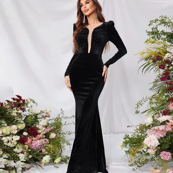 Elegantné Čierne Mermaid Party Šaty Pre Ženy je 2023 O Krku, Dlhými Rukávmi, Dĺžka Podlahy Skladaný Prom Večerné Šaty na Zákazku