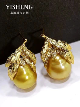 Nanyang Barokový Wild Gold Pearl Náušnice 12-13mm Prírodné Tvare morskej vody Pearl Náušnice 18k Gold Diamond
