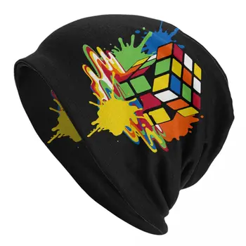 Topenia Rubiks Cube Skullies Čiapky Čiapky Módne Zimné Teplé Muži Ženy Pletené Čiapky Unisex Dospelých Geometrické Matematika Magic Kapoty Čiapky