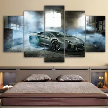 Šedá Luxusné Športové Auto Umyť Pary, Dymu 5 Panel Plátno Tlačiť Wall Art Domova Obrázky Plagát Izba Dekor HD Tlač 5 Ks