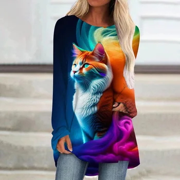 Tričko Pre Ženy Legrační Karikatúra Mačka Digitálne 3D Tlač Farebné Univerzálne O-Krku Každodenné Dlhý Rukáv Oblečenie pre Voľný čas