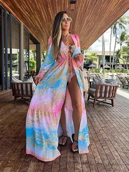2023 Žena Cover-ups Tunika Príležitostné Tlače V-Neck Beach Oblečenie Pre Ženy, Elegantné, Sexy Dlhé Kaftan Plážové Šaty Plávať Oblek zakryť