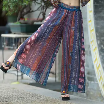 2023 ženy vintage nohavice čínsky harajuku bežné dlhé nohavice národnej kvetina tlače bohemia bloomers retro širokú nohu pantalones