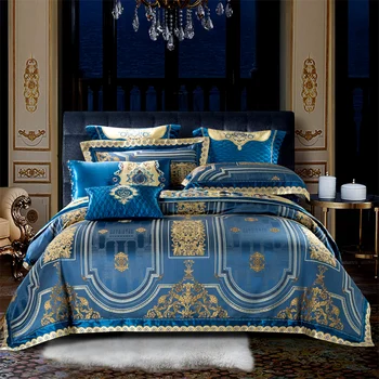 Luxusné Modrá Vysokou Presnosťou Žakárové Posteľná Bielizeň Z Egyptskej Bavlny Nastaviť Zlato Úľavu Perinu Výšivky BedSheet Prehoz Cez Posteľ Obliečka Na Vankúš