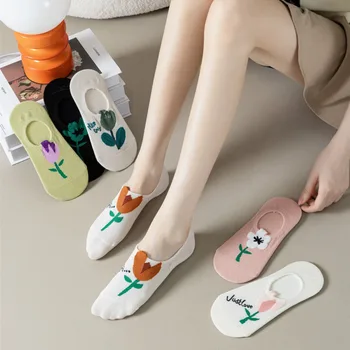 Roztomilý Krátke Priedušná Loď Ponožky Neviditeľné Jednofarebné Ponožky, Papuče Tulipán Kvet Ponožky Bavlna Ženy Ponožky