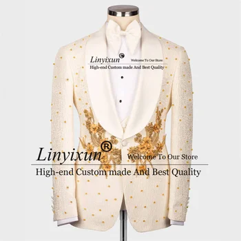 Luxusné Korálkové Svadobné Obleky Pre Kvetinovými Muži 3 Ks Sa Nastaví Ženícha Tuxedos Busimess Muž Prom Blejzre Terno Masculinos Completo