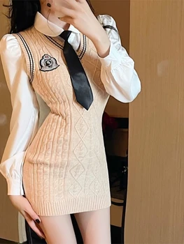 2023 Autum Preppy Štýl Pletené Odevy Žena Módy Sexy Bodycon Y2k Mini Šaty Strany Kawaii Šaty Biele Bežné Tričko Japonskej