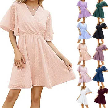 Letné Flowy Šifón Mini Šaty Pre Ženy, Jednofarebné Krátky Rukáv Volánikmi Tvaru Loose Beach Fashion 2023 Vestidos Župan Femme