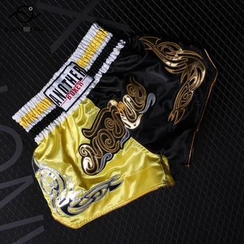 Muay Thai Šortky Žltá Čierna Kickbox Boj Šachty Deti Chlapec Dievča Oblečenie MMA Profesionálne Výšivky Boxerské Šortky Muži Ženy