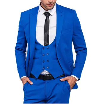 Slim Fit pánske Oblek v Modrej farbe s Vesta Svadobné Fáze Sako Slávnostné Strany Prispôsobené top+nohavice+tielko