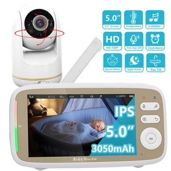 5 Palce Baby Monitor S rozlíšením 720P Kamera Väčší Displej 3X Zoom 330° Pan 135° Sklopenie 2 Way Audio Nočné Videnie Opatrovateľky Fotoaparát VB803