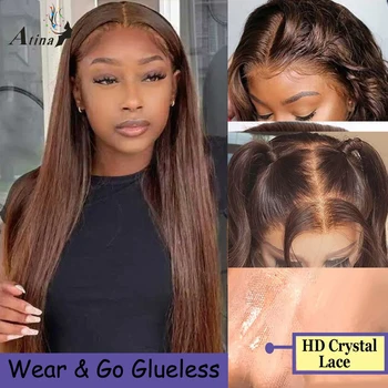 Nosenie Ísť Glueless Crystal HD Čipky Dopredu Ľudské Vlasy Parochňa Hnedé Farebné Rovno 13x6 HD Čipky Čelnej Parochne Transparentné Pre Trhal