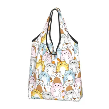 Veľké Opakovane Roztomilé Farebné Mačka Cartoon S Potravinami Tašky Recyklovať Skladacia Ťažkých Kawaii Šťastný Mňau Nakupovanie Tote Bag Umývateľný