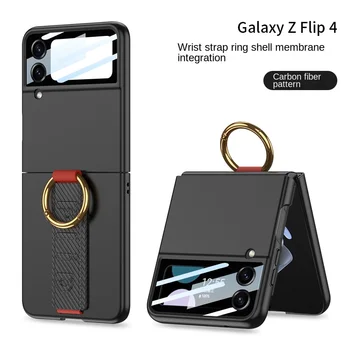 Elektrolyticky pokrývajú Uhlíkových Vlákien Telefón puzdro pre Samsung Galaxy Z Flip 4 3 Flip4 Flip3 Krúžok Kožené šnúrky na Zápästie Shockproof Pevný Kryt