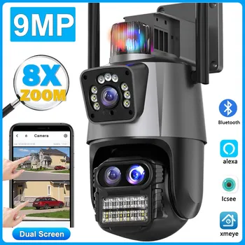 9MP WiFi IP Kamera, Vonkajšie 4K 8MP Bezpečnosti Cam Tri Objektív 8X Zoom Video Dohľad Dome Ai Sledovania Duálny Objektív CCTV ICSee Cam