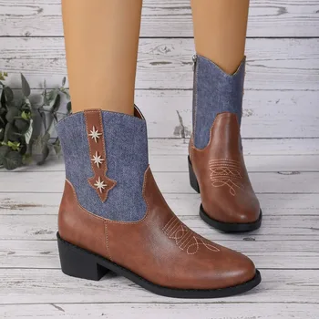 Kovboj Krátke Topánky pre Ženy Cowgirl Módne Západnej Topánky Ženy Vyšívané Bežné Námestie Špičkou Topánky