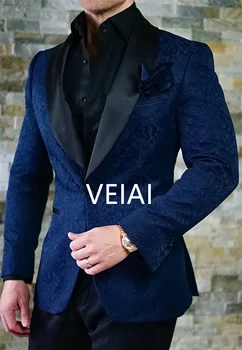 Kostým Homme 2022 Gentleman Na Mieru Pánske Obleky, Klasické Terno Slim Námornícka Modrá Vytlačené Muži Obleky S Nohavice Svadby Ženích Tuxedos