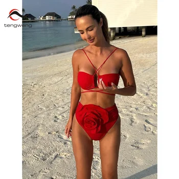 Tengweng 2023 Sexy 3D Kvet Duté Von Bikini Set Vysoký Pás Pevné Plavky Ženy Plavky Brazílsky Biquini plavky