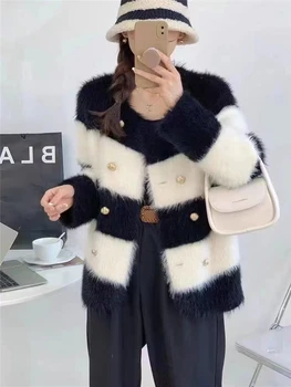 Žena Vintage Coats 2023 Zimné Hrubé Cashmere Kabát Kórejský Štýl Elegantné, Elegantné Šaty, Voľné Čierny A Biely Prúžok Teplé Topy